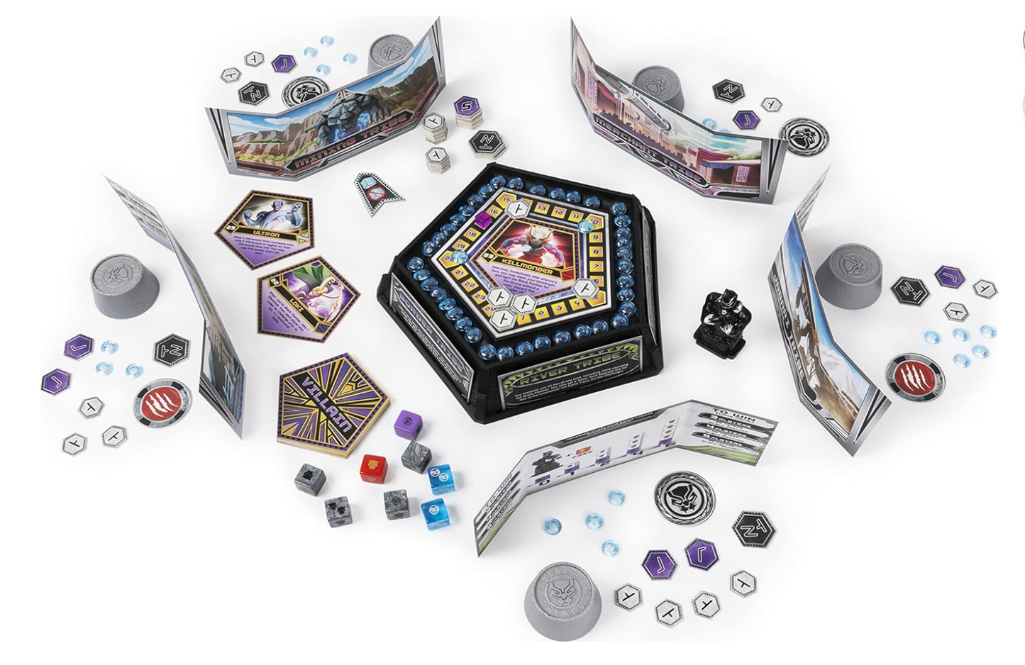 Box cover of Marvel Wakanda Forever Dice Game featuring Black Panther in a dynamic pose with vibrant Wakandan patterns