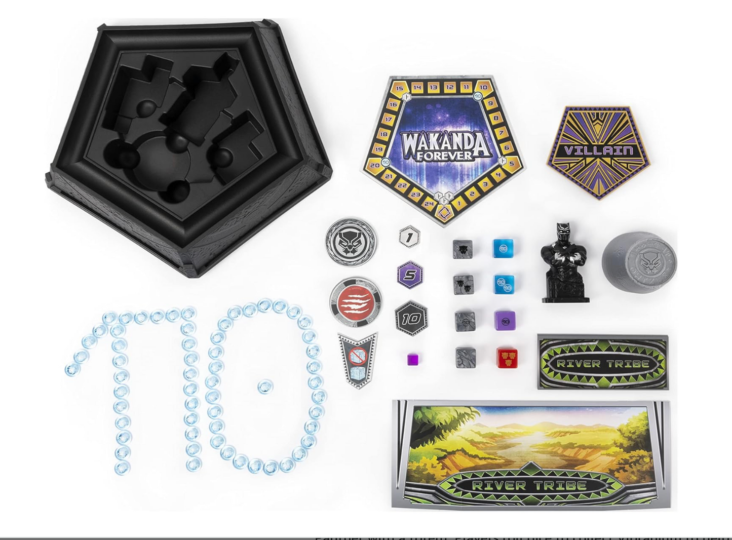 Box cover of Marvel Wakanda Forever Dice Game featuring Black Panther in a dynamic pose with vibrant Wakandan patterns