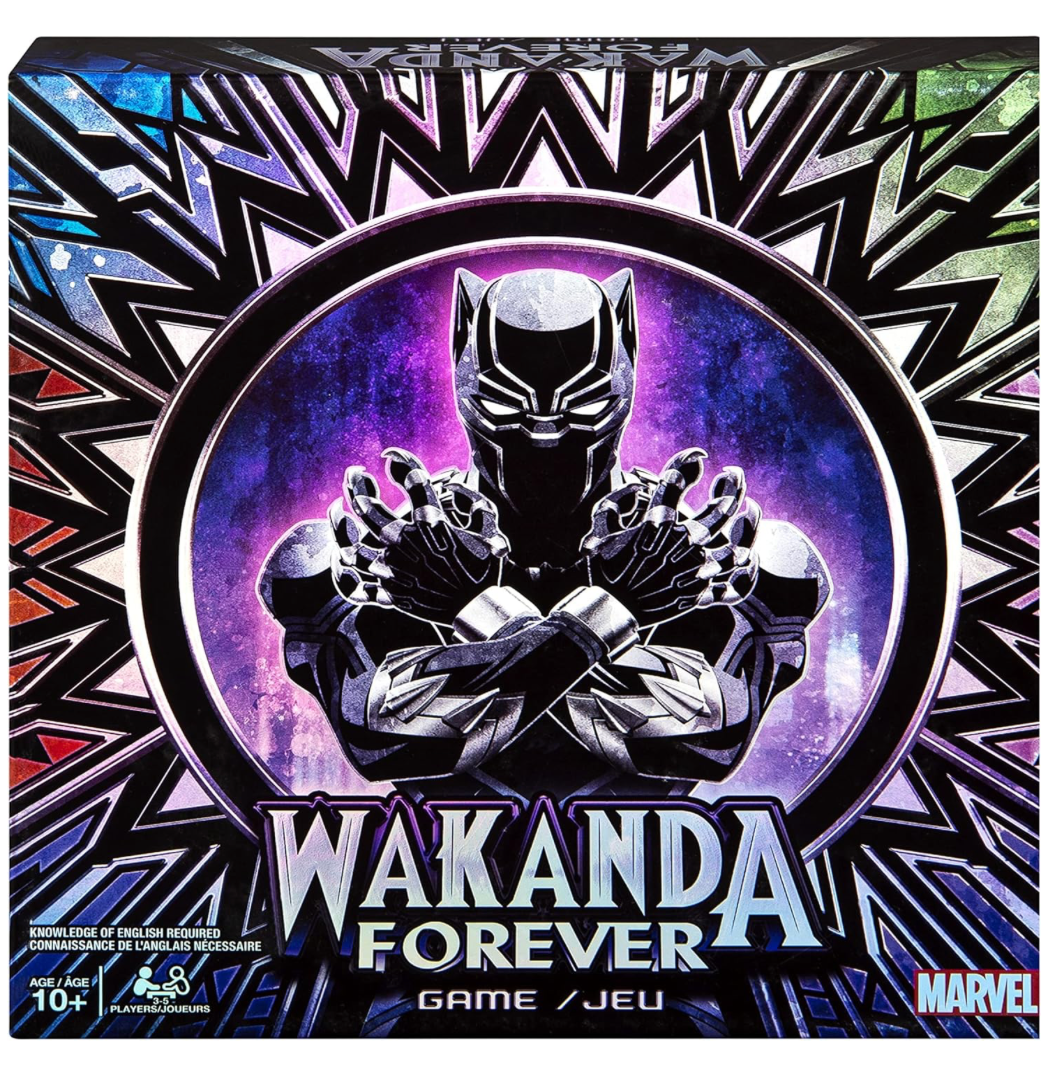 Box cover of Marvel Wakanda Forever Dice Game featuring Black Panther in a dynamic pose with vibrant Wakandan patterns