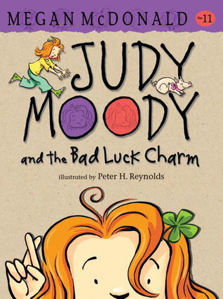 Cover of Judy Moody and the Bad Luck Charm by Megan McDonald, illustrated by Peter H. Reynolds, featuring Judy Moody chasing a rolling penny with a potbellied pig nearby.
