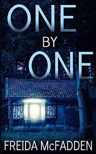 Cover of One By One by Freida McFadden featuring a dark forest and ominous group walking toward a remote cabin