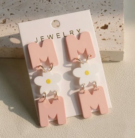 Pink 'MOM' letter earrings with floral elements on a jewelry card.