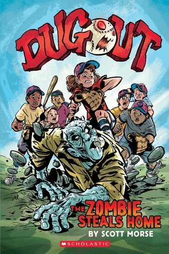 Book cover of 'Dugout: The Zombie Steals Home' by Scott Morse featuring a zombie and children on a baseball field.