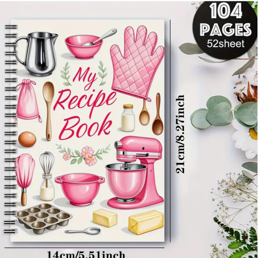 Recipe book cover with kitchen illustrations and text on a white background