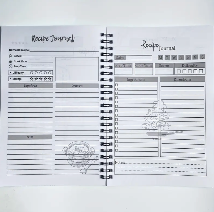 Recipe journal with blank pages for recording recipes
