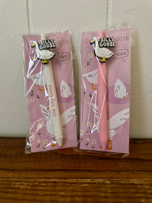 Goose-themed pen and bookmark set with pen labeled One Silly Goose and illustrated goose bookmark