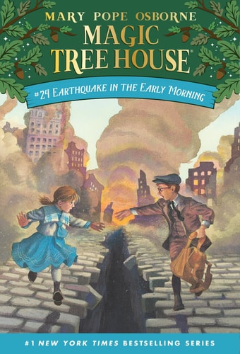 Cover of Earthquake in the Early Morning by Mary Pope Osborne, featuring Jack and Annie amidst the ruins of early 1900s San Francisco