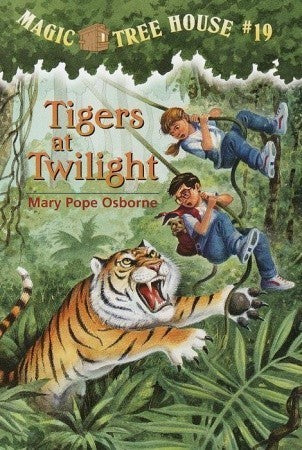 Cover of Tigers at Twilight by Mary Pope Osborne, featuring Jack and Annie swinging through a lush Indian jungle with a tiger below