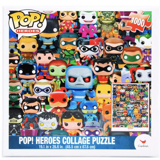 1000-piece POP! DC Heroes Collage puzzle featuring stylized versions of Batman, Superman, Wonder Woman, and other iconic characters.