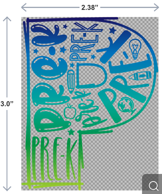 UV-DTF sticker with the phrase P for Preschool in bright, playful lettering—ideal for water bottles, notebooks, or classroom décor.