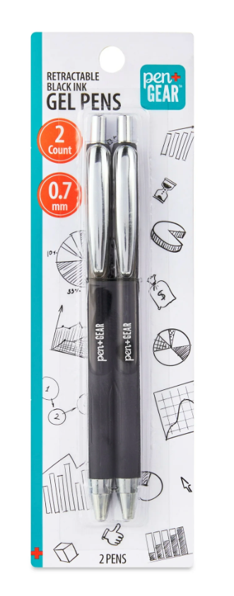 Pack of two black gel pens with fine point tips, displayed on a clean writing surface