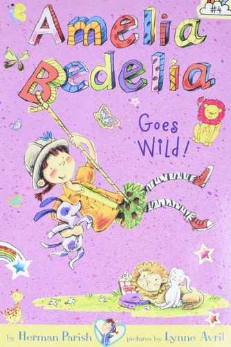 Cover of Amelia Bedelia Goes Wild! by Herman Parish, featuring Amelia swinging on a vine with playful animal illustrations in the background.