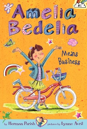 Cover of Amelia Bedelia Means Business by Herman Parish, featuring young Amelia Bedelia joyfully riding a bicycle with colorful illustrations.