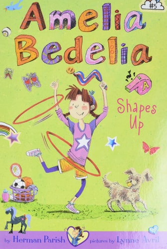 Cover of Amelia Bedelia Shapes Up by Herman Parish, featuring Amelia Bedelia hula-hooping with a joyful expression amidst colorful illustrations.