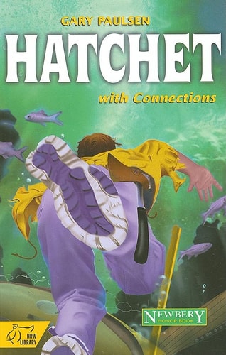 Cover of Hatchet by Gary Paulsen, featuring a stylized hatchet against a lush green forest background.