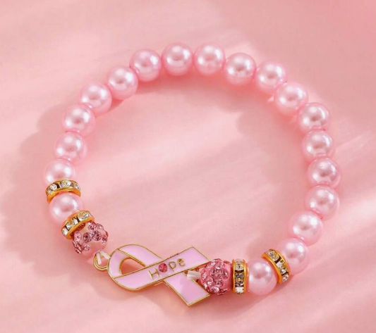 Elegant beaded bracelet with pink ribbon pendant engraved with HOPE, breast cancer awareness jewelry accessory