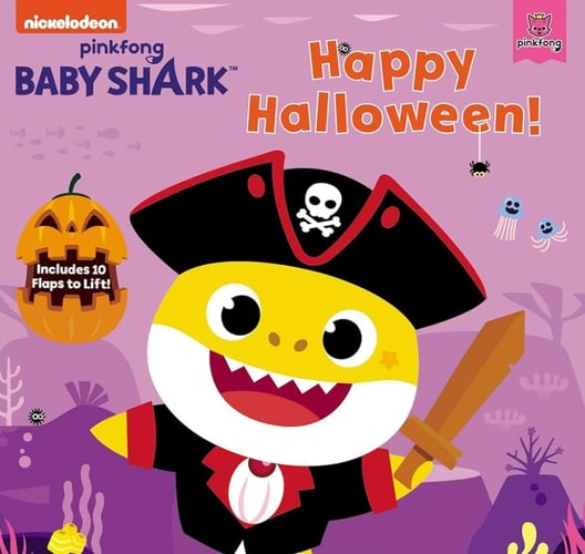 Baby Shark character in a pirate costume with Halloween elements on a pink background