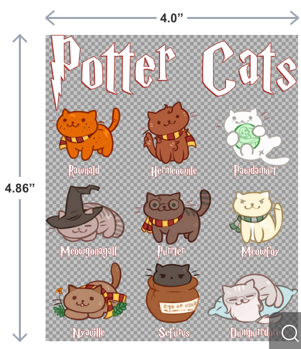 UV-DTF sticker that says Potter Cats with nine illustrated magical cats in a wizard-inspired theme