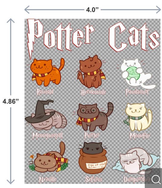 UV-DTF sticker that says Potter Cats with nine illustrated magical cats in a wizard-inspired theme