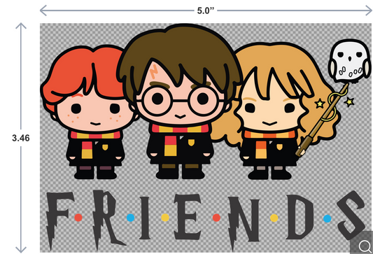 Cartoon characters resembling Harry Potter, Ron Weasley, and Hermione Granger with 'FRIENDS' text and measurements.