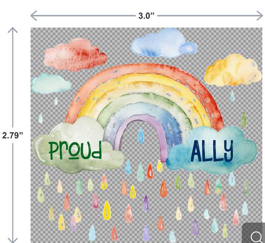 3" UV-DTF sticker featuring a rainbow, colorful clouds, raindrops, and the phrase Proud Ally in bold text