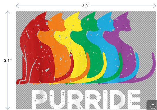 3" UV-DTF sticker featuring rainbow-colored cats and the word Purride in playful, colorful font