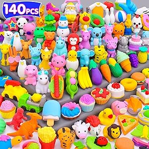 Colorful assortment of individually sold puzzle erasers shaped like animals, food, and vehicles