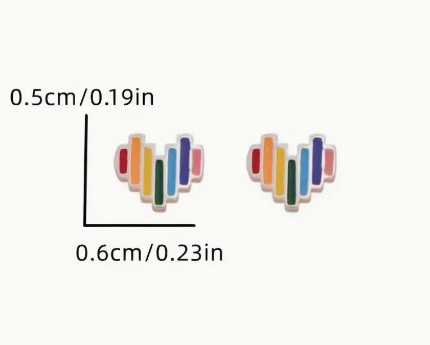 Pair of small rainbow heart-shaped stud earrings made from lightweight alloy