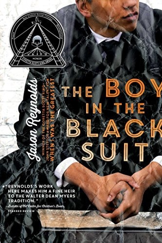 Cover of The Boy in the Black Suit by Jason Reynolds, featuring a young man in a black suit seated against a textured background, conveying themes of grief and resilience.