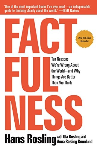 Cover of Factfulness by Hans Rosling, featuring bold orange typography on a white background, highlighting the book's focus on data-driven insights into global progress.