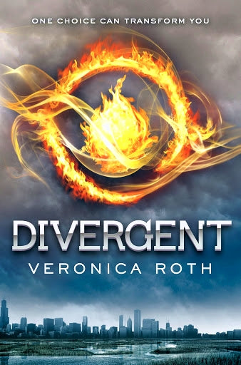Cover of Divergent by Veronica Roth featuring a flaming circular emblem against a dystopian cityscape