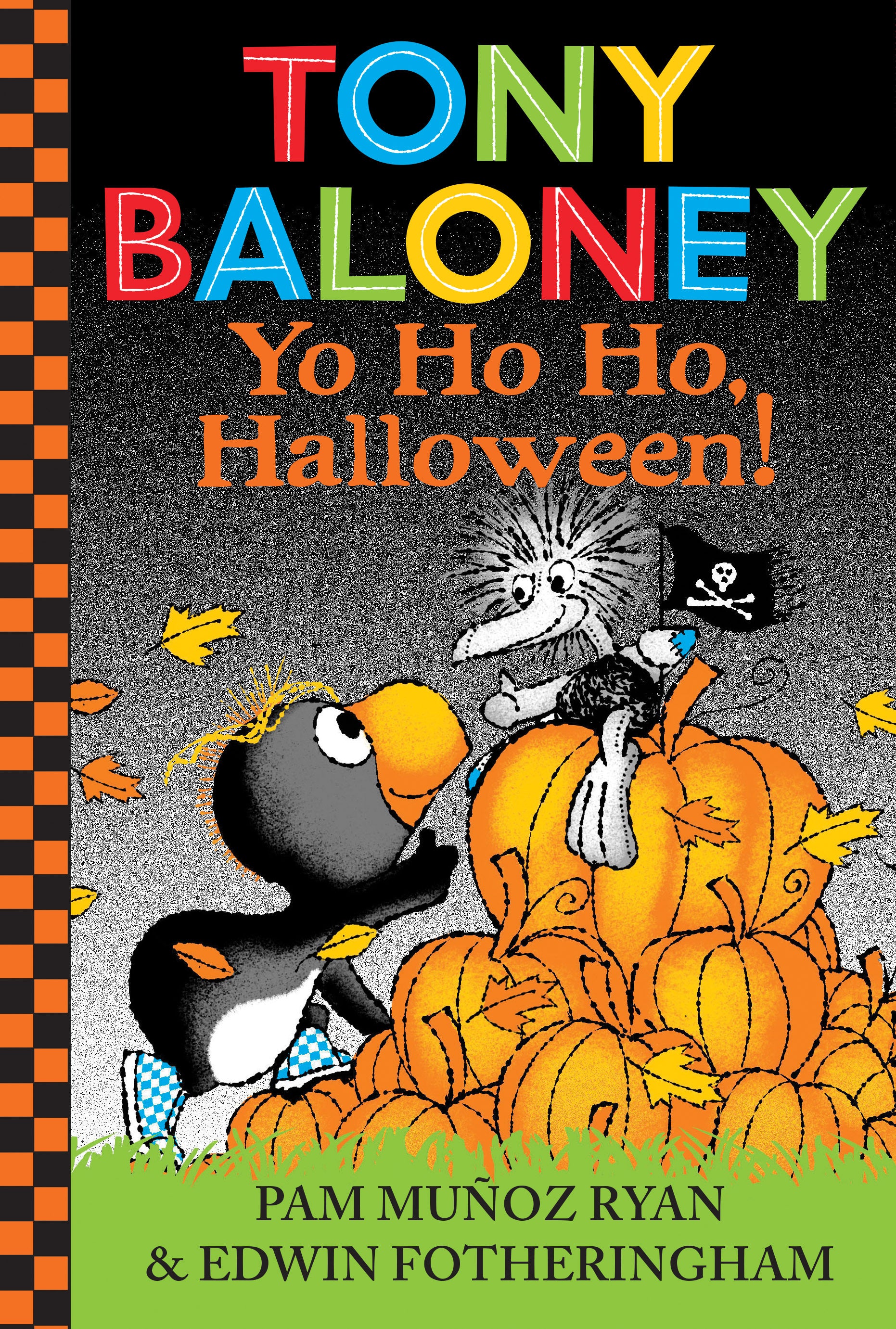 Book cover of 'Tony Baloney Yo Ho Ho, Halloween!' with a penguin and pirate character on pumpkins.