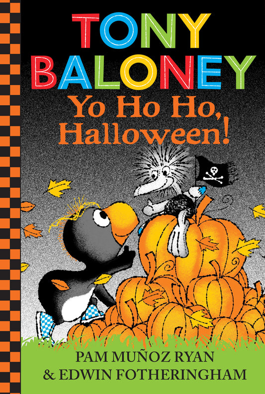 Book cover of 'Tony Baloney Yo Ho Ho, Halloween!' with a penguin and pirate character on pumpkins.