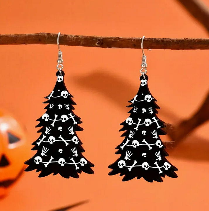 Black Skull and Crossbones Tree Earrings