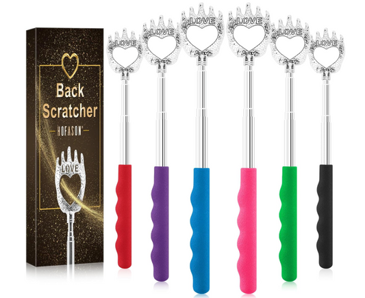 Set of back scratchers with colorful handles and a branded box.
