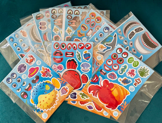 Two ocean-themed mix-and-match sticker sheets for kids with sea animals like turtles, sharks, dolphins, and octopuses