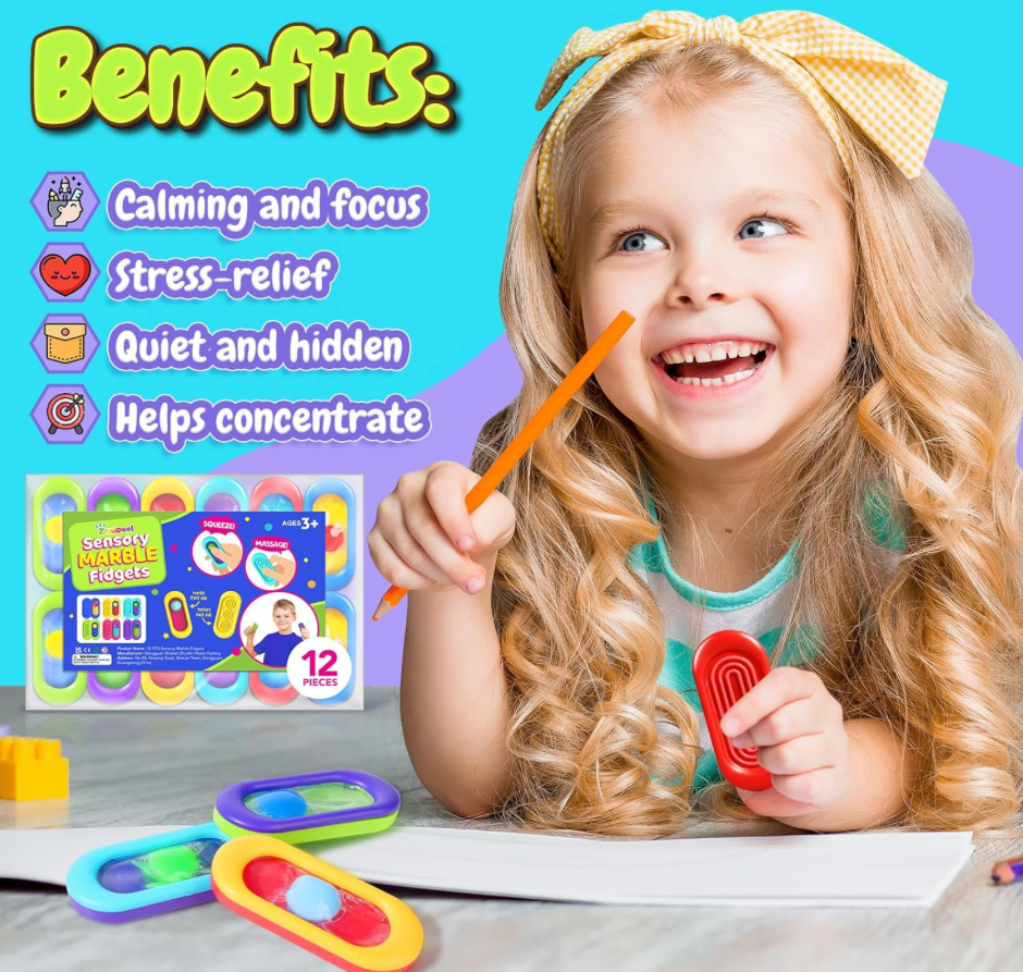 Child playing with colorful toys on a table, with text listing benefits on a blue and purple gradient background.