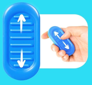 Blue sensory toy with directional arrows on a blue background