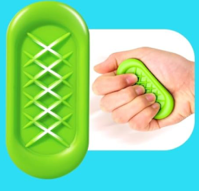 Green sensory toy with a hand using it on a blue background