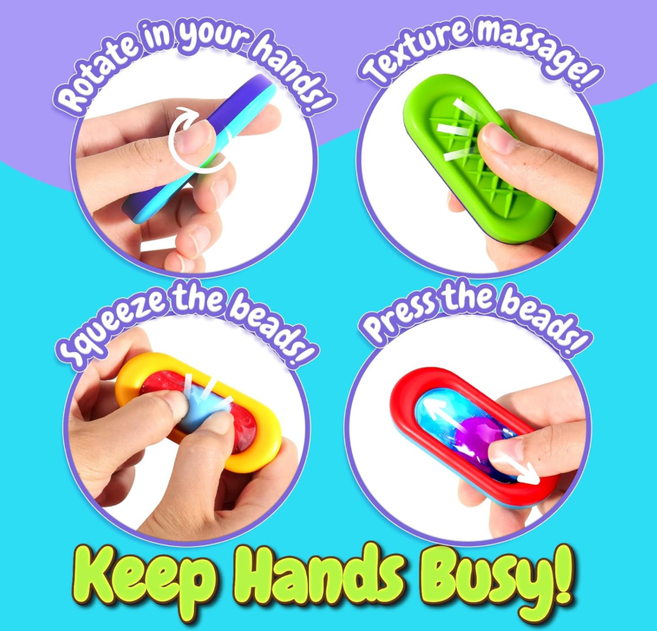 Colorful hand toys with text describing their functions on a blue and purple gradient background.