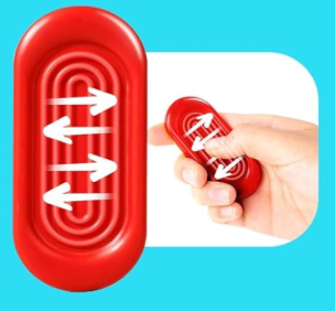 Red sensory toy with arrows indicating heat flow, held by a hand against a blue background.