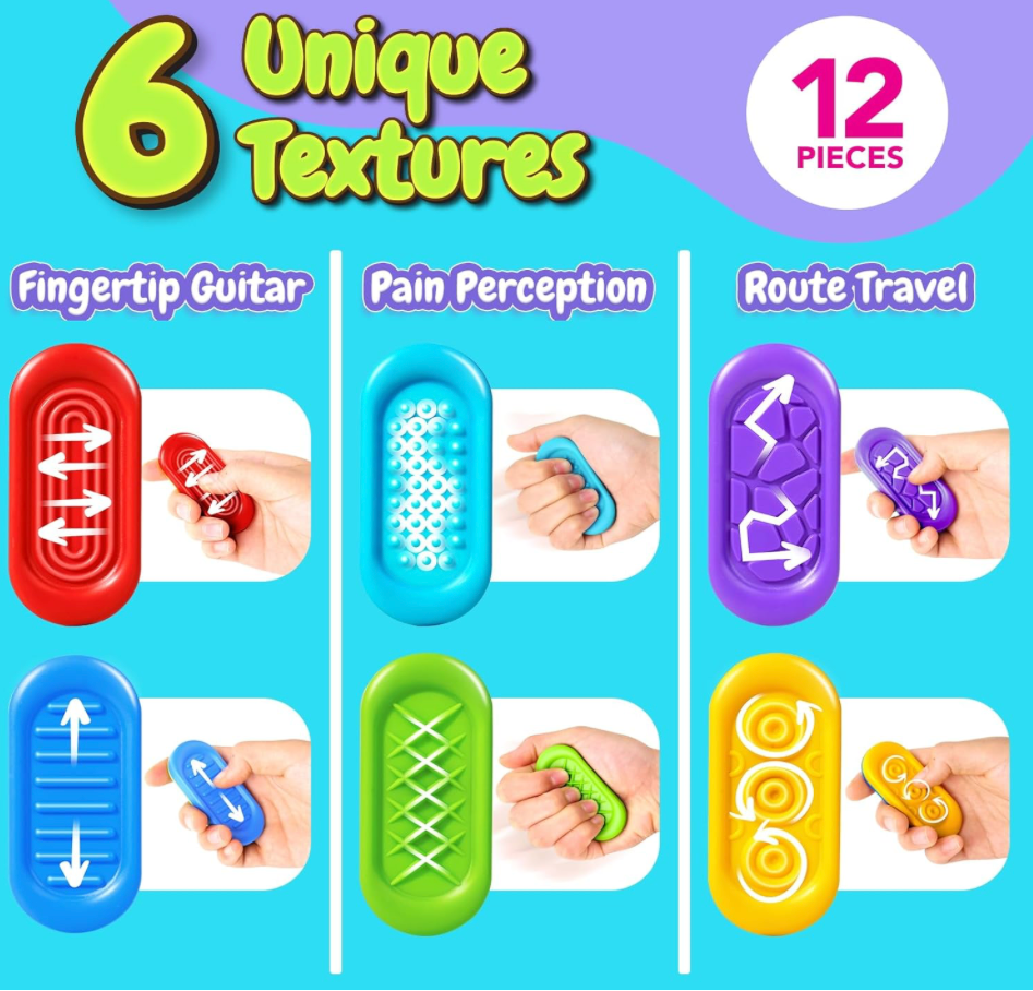 Set of 6 unique texture sensory tools with colorful design and text on a blue background