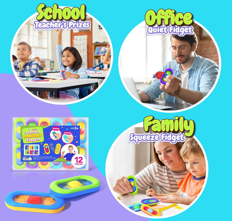 Promotional image of fidget toys for school, office, and family use with packaging and usage scenarios.
