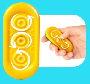 Yellow sensory toy with circular patterns on a blue background