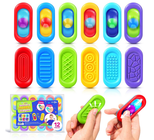 Set of colorful sensory marble license plates with packaging and hands holding a plate.