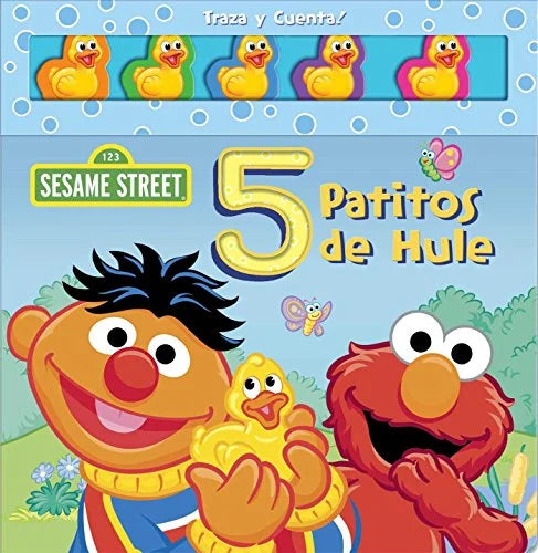Cover of 5 Patitos De Hule, a Sesame Street book featuring Ernie holding a rubber ducky, with four more duckies floating around him.