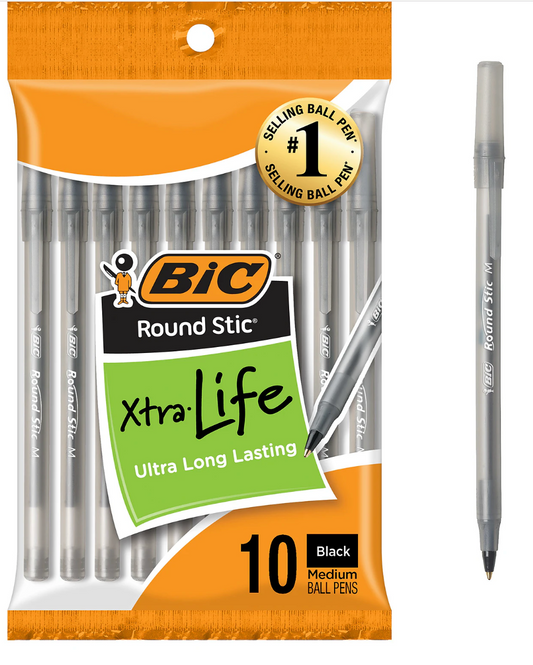 Set of 10 black ink ballpoint pens with medium tips arranged on a desk surface