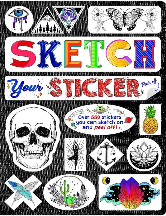 Sticker book with various designs and text on a black background
