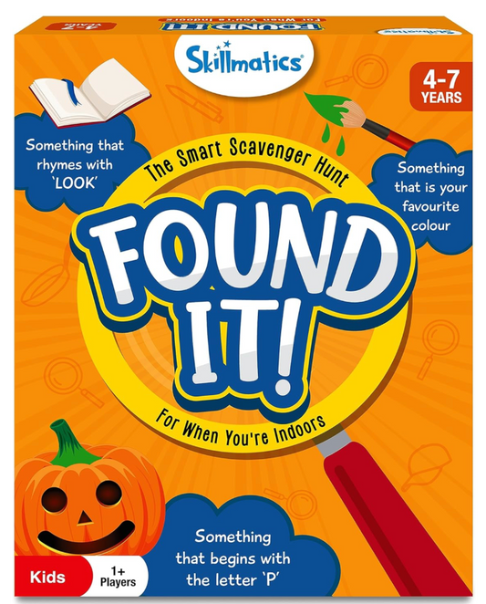 Skillmatics 'Found It!' game box with pumpkin and magnifying glass illustration on an orange background
