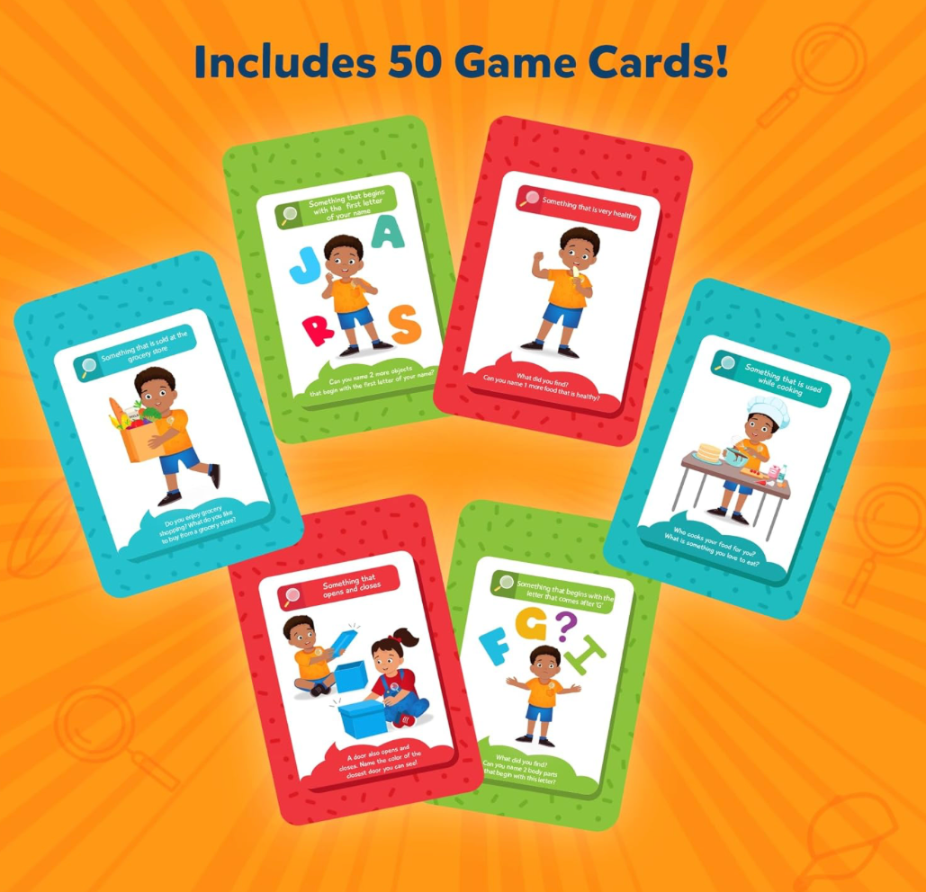 Set of educational game cards with children's illustrations on an orange background